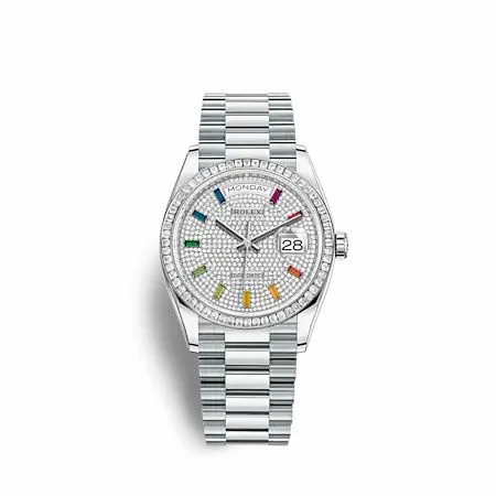Rolex Day-Date 36 Platinum - Baguette / Paved - Rainbow / President 128396TBR-0006 (M128396TBR-0006)